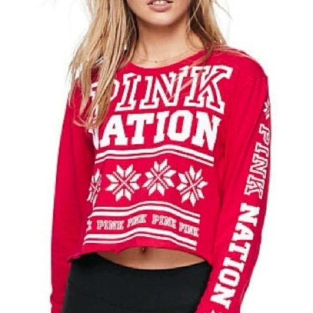 PINK Victoria’s Secret Red Holiday Crop Cropped Top XS Red Snowflake